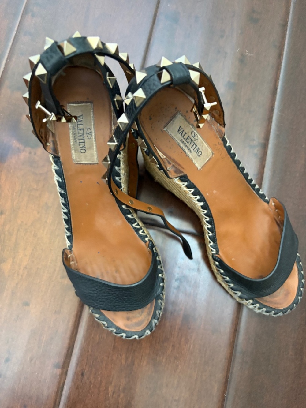 Valentino Garavani Black Leather Studded Espadrille Wedges